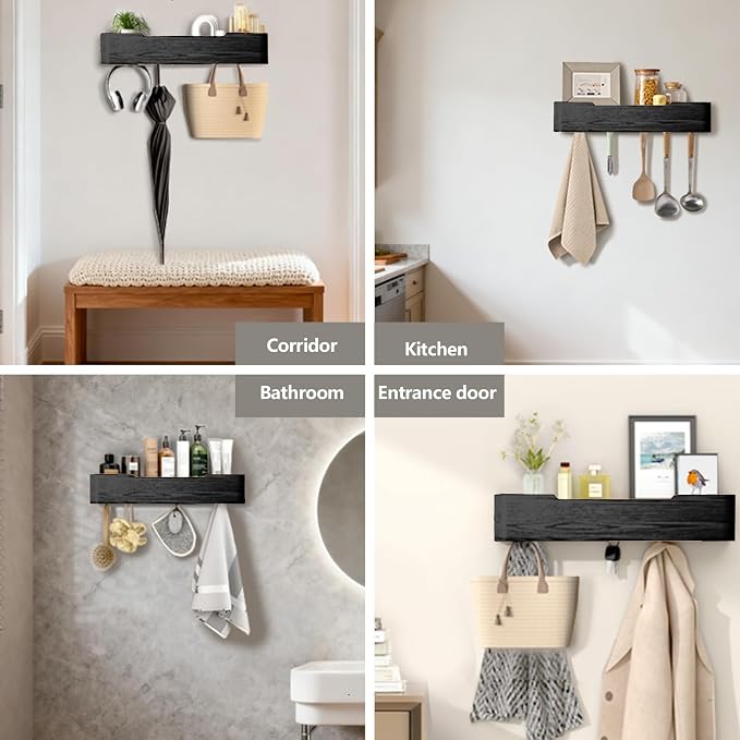 Wall Mounted Coat Rack with Shelf, Wooden Entryway Organizer with Hidden Metal Hooks for Hanging Coats Bags Keys, Modern Floating Shelf for Hallway Bathroom - Image 5