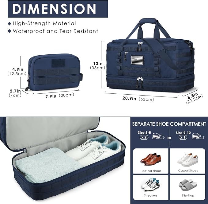 Travel Bag for Men Women, Gym Bag & Tactical Duffle Bags for Travel, Carry on with Toiletry Bag and Shoe Compartment, Weekender Overnight Trip with Wet Pocket for Workout Medical, Blue - Image 4