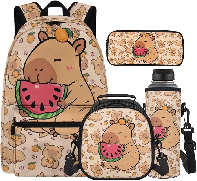 Capybara Backpack for Girls Cute Animal Eat Watermelon Backpack and Lunch Box for Girls Boys School Bag Set 4-in-1, Lightweight 17" Kids Bookbag Ages 8-10 10-12 Teens Daypack Purse by Unknown