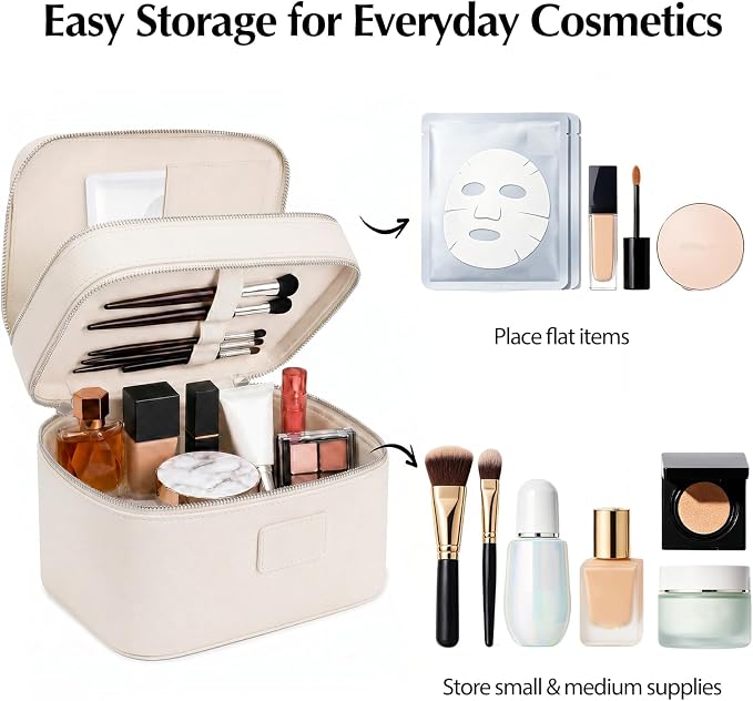 Makeup Case, Large Capacity Leather Makeup Bag for Women,Large Capacity Waterproof Double Leather Cosmetic Case,Removable Compartment Travel Organizer - Image 3