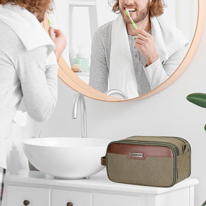 WITZMAN Canvas Toiletry Bag for Men Travel Toiletries Large 7L Dopp Kit | Multi-pockets with Dry-wet Pocket, Side Handle for Hanging, Lightweight, For Daily Use, Bathroom, Make up, A8002 Army Green - Image 2