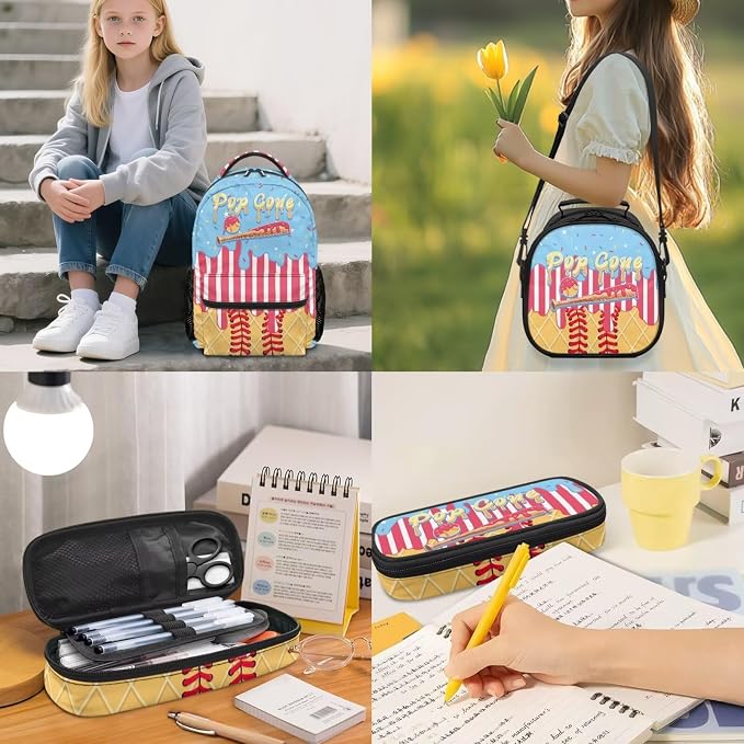 Pop Cone Ice Cream Drip Kids 4-in-1 School Set with Lunch Box, Pencil Case & Dinosaur Charm, 17 Inch Bookbag for Girls Ages 9-11 4th 5th Grade, Lightweight Sport Backpack - Image 2