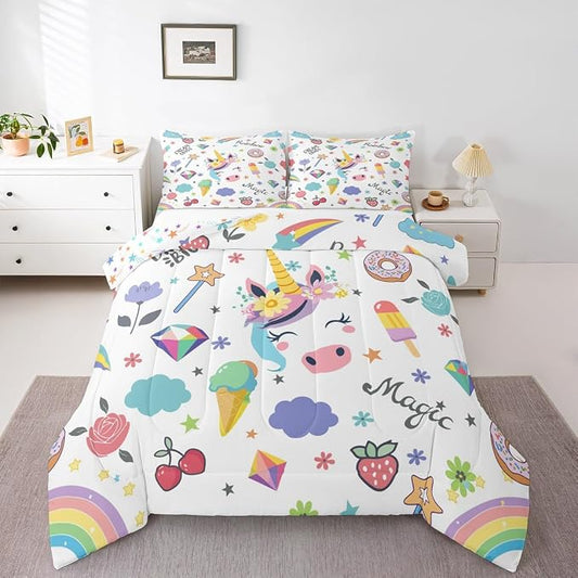 Unicorn Comforter Set For Kids, Strawberry Cherry Bedding Set Fantasy Rainbow Duvet Insert For Girls Boys Children Bedroom Decor, Cartoon Animal Dessert Duvet Sets With 2 Pillow Cases, Queen Size by Erosebridal