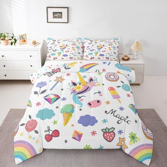 Unicorn Comforter Set For Kids, Strawberry Cherry Bedding Set Fantasy Rainbow Duvet Insert For Girls Boys Children Bedroom Decor, Cartoon Animal Dessert Duvet Sets With 2 Pillow Cases, Full Size by Erosebridal