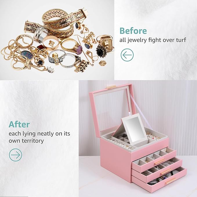 BOOVO Clear Lid Jewelry Box,3 Layers Jewelry Organizer Large Jewelry Storage Box with 2 Drawers,Jewelry Holder Organzier of Rings Earrings Necklace Bracelets for Women (Pink, 4 Layer) - Image 6