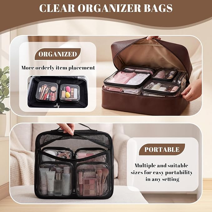 12 Pack Clear Hard Shell Zipper Case with 40 Labels, X-Large/Medium/Small Stackable Clear Pouches, Crush-resistant Travel Toiletry Bag Organizer for Makeup Board Games Electronics (Black) - Image 3