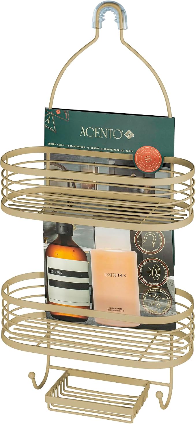 ACENTO Hanging Shower Caddy, 3-Tier Bathroom Shower Organizer, Powder-Coated Steel with Suction Cups & Built-In Hooks, Modern Bathroom Storage, Gold by ELiving