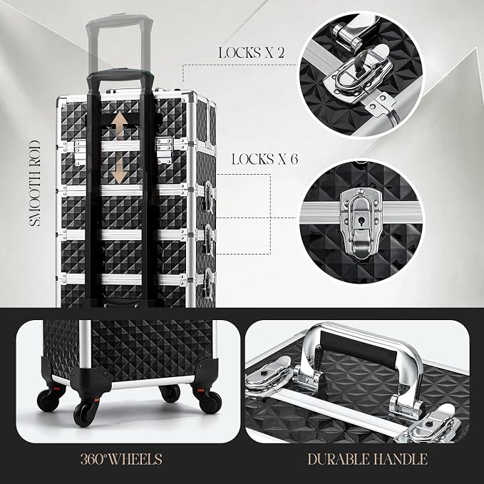 Yueieoun Rolling Makeup Train Case, 4-in-1 Cosmetology Case on Wheels, Nail Tech Cart for Travel, Professional Cosmetic Vanity Case, Suitcase for MUA/Manicure/Tattoo/Style, Lockable Storage Box, Black - Image 7