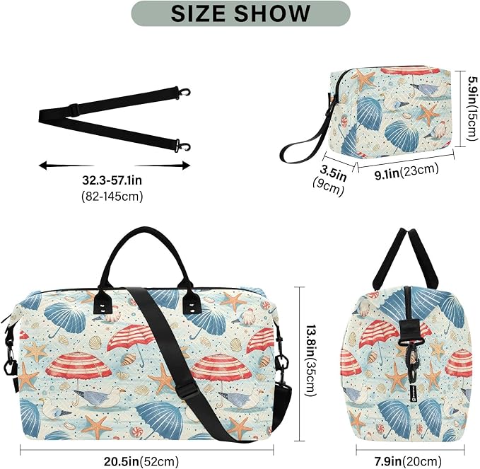 senya Weekender Bags Travel Duffel Gym Bag Coastal Seashells Starfish Seagulls Carry on Overnight Tote Bag with Toiletry Bag for Airplane Travel Trip Gym Yoga, g368736066p1006c1071s2442 - Image 3