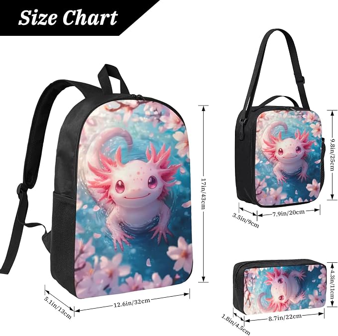 Axolotl Kid Backpack Set with Lunch Bag & Pencil Case Large Capacity School Bag 17 Inch Bookbag for Boy Girl - Image 3