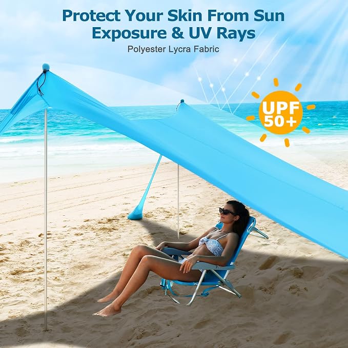 COMMOUDS Beach Tent Sun Shelter - UPF50+ Pop Up Beach Canopy with Sandbags & Sand Shovel & Windproof Poles, Portable Sun Shade for Beach, Camping, Picnics, Backyard - Image 3