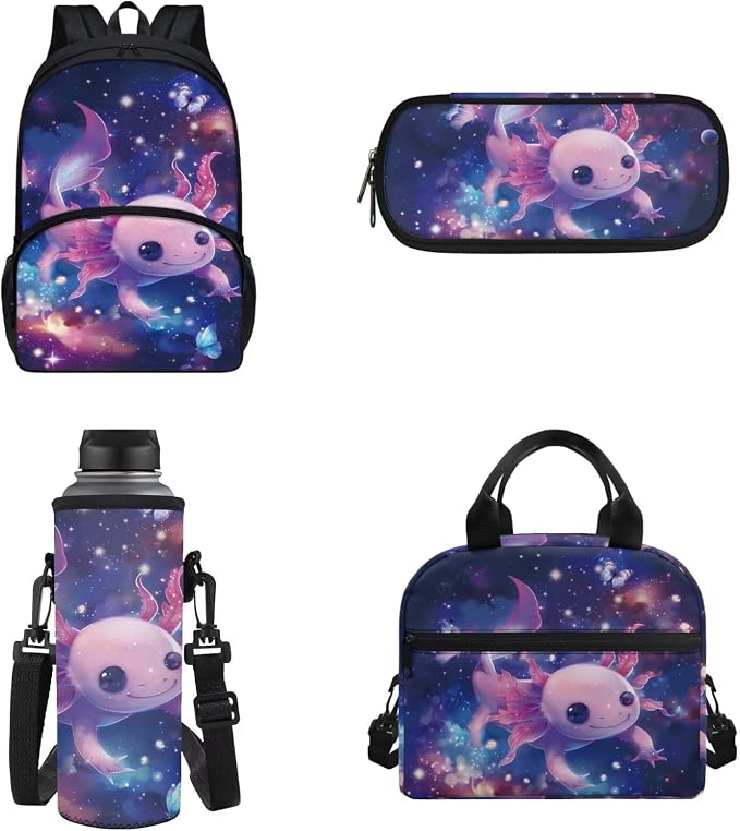 Galaxy Axolotl Backpack 4 Pcs Toddler Kids Boy Girl Axolotl School Bag Set with Lunch Box Water Bottle Bag Pencil Case Casual Travel Ruckpack Back to School Supplies - Image 5