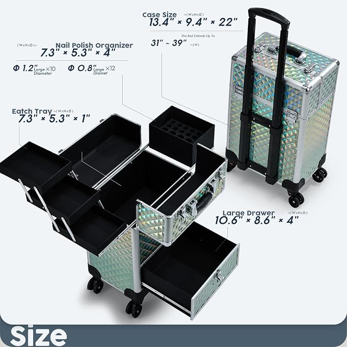 Hododou Blue Rolling Makeup Case with Drawer Travel Trolley Cosmetology Case on Wheel Makeup Storage Salon Barber Case Traveling Cart Trunk for Cosmetologist Nail Tech Hairstylist - Image 6