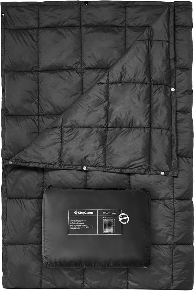 KingCamp Ultralight Camping Blanket, Packable Down Alternative Puffy Wearable Blankets Weatherproof Warm Package Quilt with Snap Buttons for Outdoor Hiking Travel Picnic Stadium (78.7" x 56.7", BLACK) by KingCamp