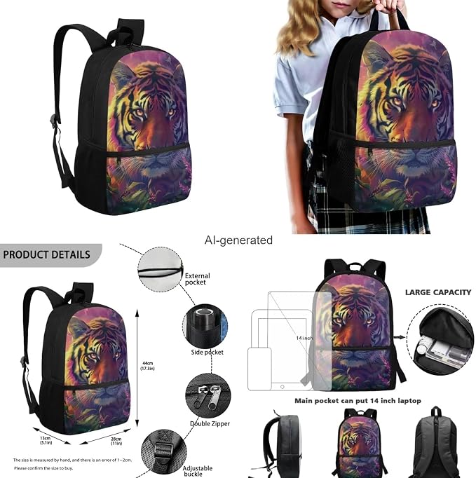 Tiger Backpack for Kids Girls Backpack with Lunch Box Water Bottle Carrier with Strap and Soft Pencil Case 4PCS Set Bookbag with Front Pocket 17 inch Large Capacity School Bag with Side Pocket - Image 3