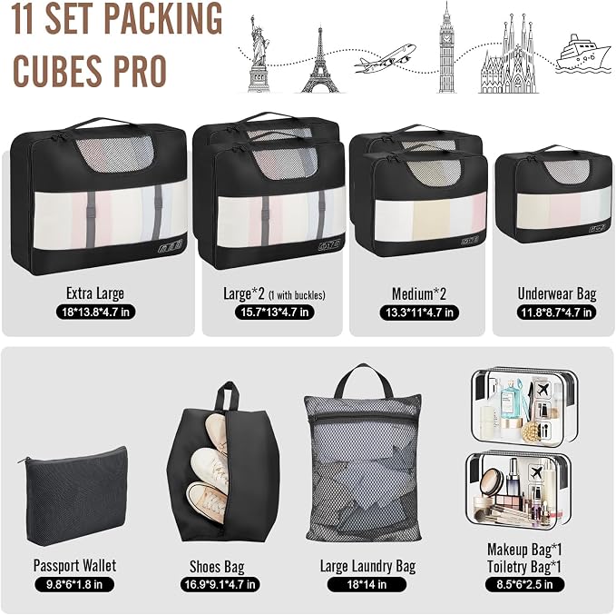 Veken 11 Set Packing Cubes for Travel,Anti-Wrinkle Buckled Suitcase Organizer with Shoe,Toiletry,Makeup Bag,Carry On Luggage Bag with 99+ Count Mesh Holes for Airplane & College Dorm Essentials - Image 2