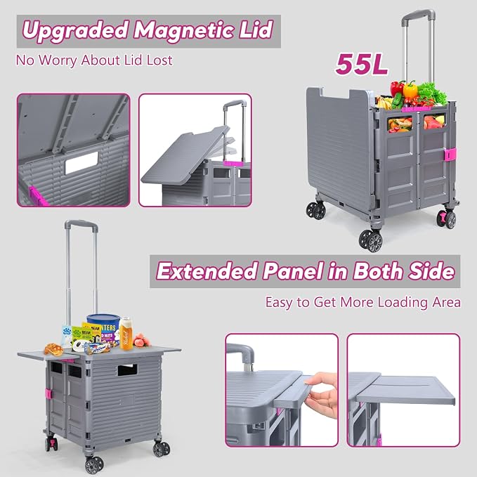 FELICON SELORSS Folding Utility Cart Portable Rolling Crate Handcart-Gray | Adjustable Handle+Extended Magnetic Lid,Storage Basket Box,4 Swivel Wheels Tote for Teacher Move Shop Travel Grocery Office - Image 3