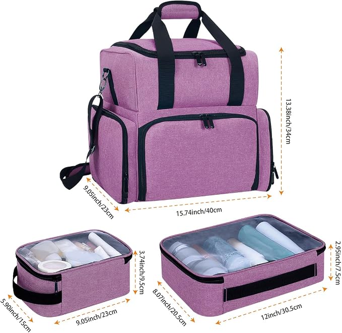 Large Makeup Bag Double Layer with 3 Removable Case,Purple | Large Makeup Bag with 3 Removable Case and 2 Removable Dividers Double Layer Travel Cosmetic Makeup Brushes Storage Section - Image 2
