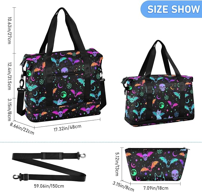 Travel Duffel Tote Bag Magic Skulls Bat and Animal Sports Duffel Bag with Wet Pocket Weekender Overnight Bag for Women Men Gym Bag, Carry On Bag Hospital Bag for Labor and Delivery - Image 2