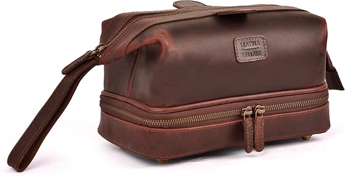 LEATHER VILLAGE Genuine Leather Dopp Kit – Large Travel Toiletry Bag with Waterproof Lining, Dual-Zip Design for Men & Women, Organizer for Shaving, Makeup & Essentials - Cherry by LeatherVillage