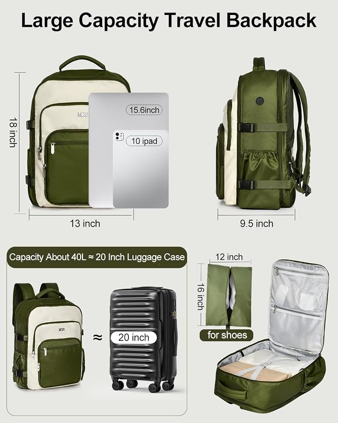 Travel Backpack for Women & Men, Carry On Backpack for Airplanes, Large Waterproof Laptop Backpack for Travel, Overnight, College & Commuting Green-Beige - Image 7