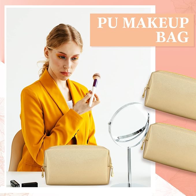 Kigeli Aesthetic Makeup Bags PU Leather Cosmetic Pouches Waterproof Plain Toiletry Bags Makeup Pouches Bulk for Women Party Gift Travel Storage Organizer(Champaign Gold,7.1 x 2.8 x 4.3 in) - Image 4