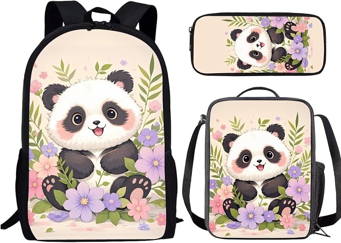Forchrinse School Backpack for Girls 3Pcs Panda Backpacks Set with Lunch Box Pencil Case Kids 17 Inch Bookbag Large Capacity School Bag for Kindergarten/Elementary/Preschool by Forchrinse