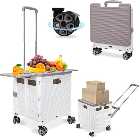 FELICON SELORSS Folding Utility Cart Portable Rolling Crate Handcart-White | Adjustable Handle+Extended Magnetic Lid,Storage Basket Box,4 Swivel Wheels Tote for Teacher Move Shop Travel Grocery Office by FELICON