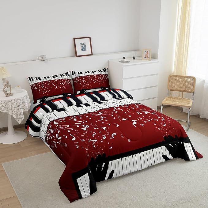 Erosebridal Music Notes Comforter Set for Kids Boys Teens Men Piano Keys Down Comforter King Size Rock Musical Bedding Set Play Piano Duvet Sets Music Bedroom Decor with 2 Pillow Cases Red Black - Image 3