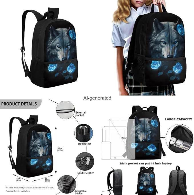 Wolf Backpack for Girls Kids Backpack with Lunch Box Water Bottle Pouch and Big Pencil Case 4PCS Set Bookbag with Front Pocket for School Teens 17" Large Capacity School Bag with Side Pocket - Image 3