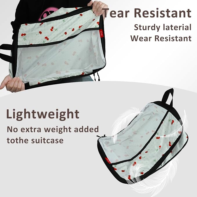U+U 10 Set Compression Packing Cubes - Ultralight Travel Organizers with Laundry Bag and Cosmetic Bag, Space-Saving Suitcase Organizer for Travel, Business Trip and Family Vacation (Sage Green Cherry) - Image 5