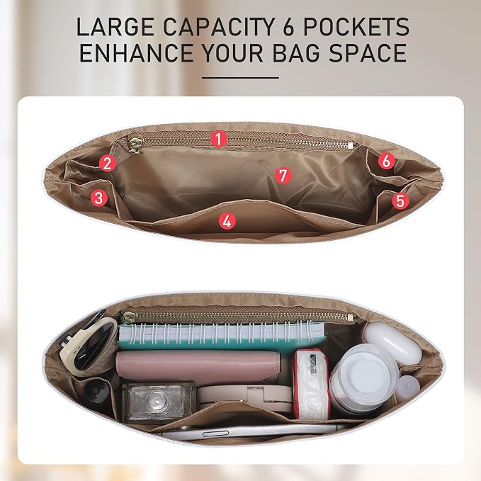 Doxo DoxoPurse Organizer Insert for Coach Brooklyn 28 | 8 Pockets with YKK Side Zipper | Waterproof Tyvek Bag Organizer for Coach Brooklyn Shoulder Bag/Tote Divider Shaper(28,White yellow-brown) - Image 4