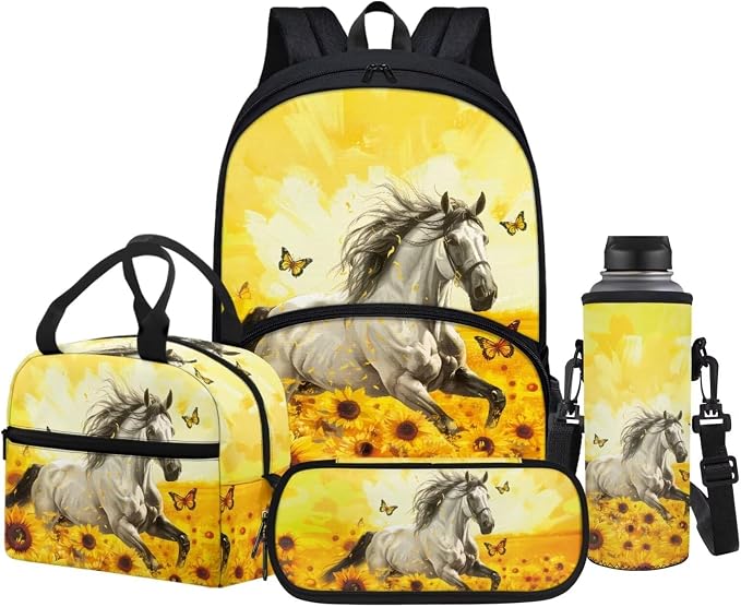 POLERO Sunflower Horse Backpack with Lunch Box for Girls Kids Pencil Case Water Bottle Holder School Bag Set for First Grade by WelcometoPOLERO