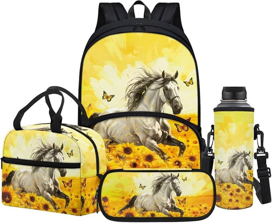 POLERO Sunflower Horse Backpack with Lunch Box for Girls Kids Pencil Case Water Bottle Holder School Bag Set for First Grade by WelcometoPOLERO