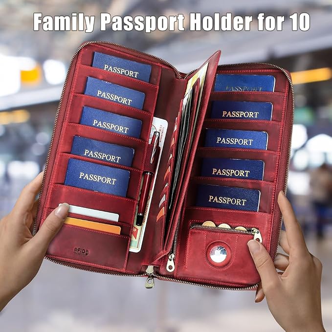 CONTACTS Family Passport Holder for 10 Full Grain Leather Compatible with Airtag Passport Holder Family Travel Document Organizer Multiple Rfid Blocking Passport Wallet (Red) - Image 2
