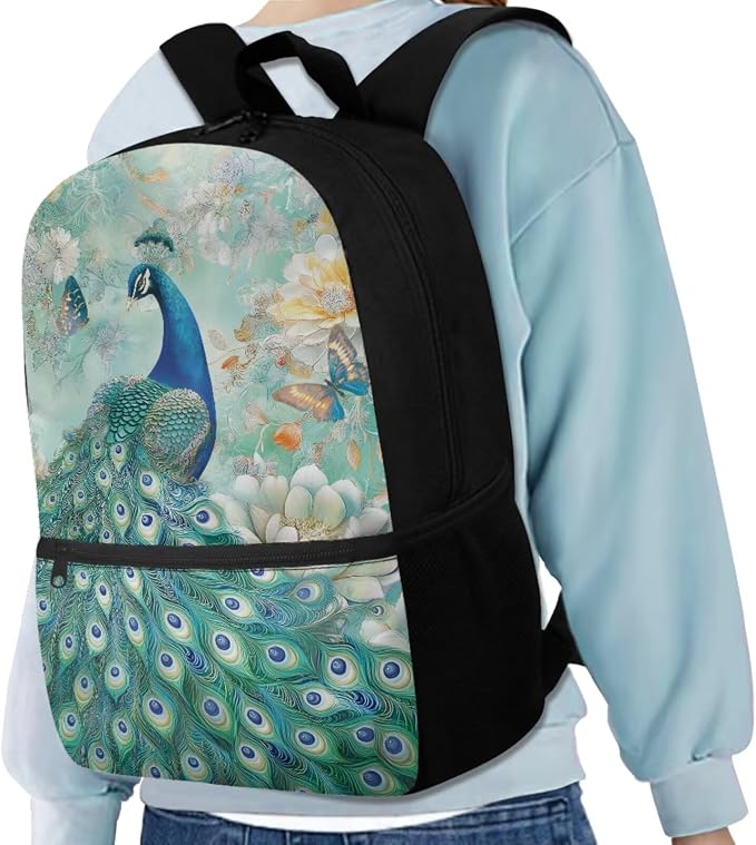 Peacock Backpack for Kids Girls Backpack with Lunch Box Water Bottle Carrier and Large Capacity Pencil Case 4PCS Set Lightweight Bookbag with Front Pocket for School 17 inch Sturdy School Bag - Image 2