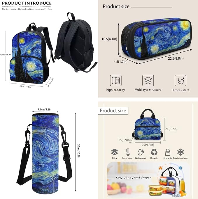 POLERO Starry Night Schoolbag Students Backpack Van Gogh Art Lunch Tote Bag Water Bottle Sling Bag Aesthetic Pencil Case Teacher - Image 3