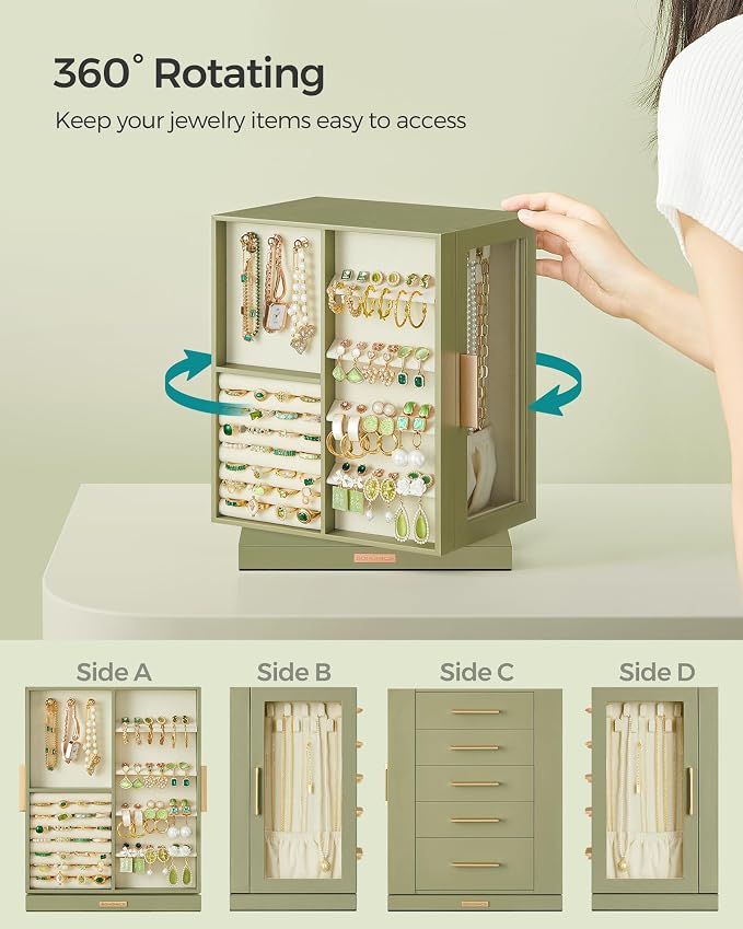 SONGMICS GISELLA Collection - Jewelry Box Organizer 360° Rotating, Vertical Jewelry Storage Case with 5 Drawers, Glass Window, Spacious, Open Design, Great Gift, Laurel Green UJBC170C02 - Image 3