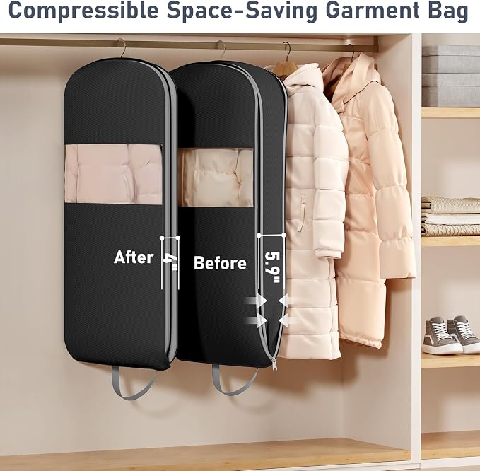 DIMJ 4 Pack 43" Space Saving Garment Bags for Hanging Clothes With Compression Zipper Carry Handles and Window, Washable Suit Bag for Dress, Clothes, Coats, Down Jacket, Closet, Moving, Travel - Image 2