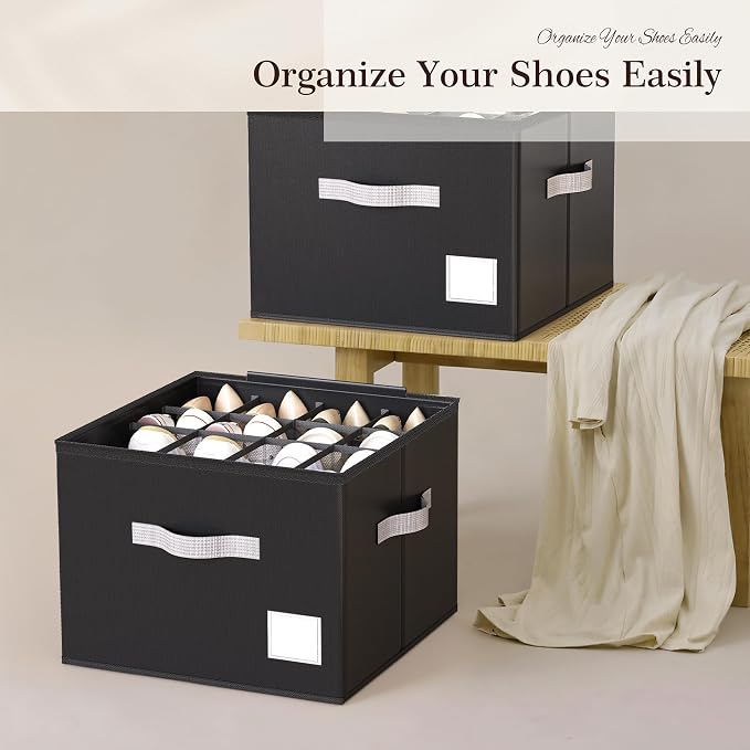 Criusia Shoe Organizer for Closet, Foldable Shoe Storage Organizer with Clear Cover and Sturdy Handles, Fit 12-16 Pairs, Closet Organizer for Shoes Sneakers Sandals Heels, 2 Pack, Black - Image 7