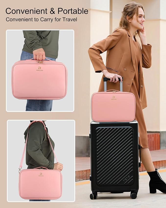 Chomeiu Makeup Bag with LED Mirror, Large Travel Cosmetic Train Case for Women, Makeup Artists Large Organizer Box with Vanity Light Up Mirror, 3 Color Lights, Adjustable Dividers (Pink) - Image 6