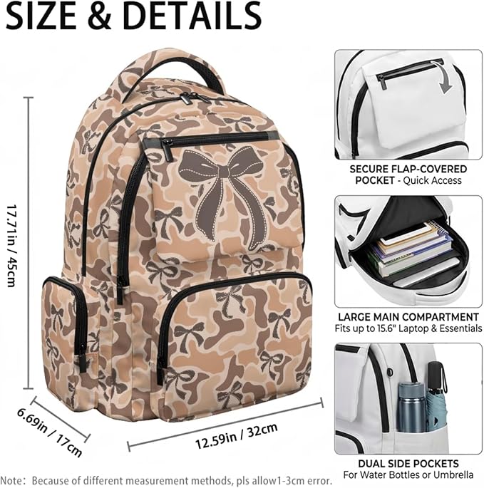 Camo Brown Bow 4 Piece School Bag Set for Kids, 17 Inch Lightweight Backpack with Lunch Bag, Pencil Case and Water Bottle Holder, Durable Multi-Pocket Bookbag - Image 4
