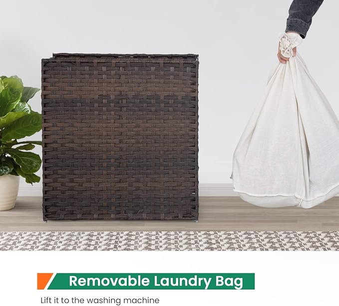 Paylesshere Laundry Basket Handwoven Laundry Hamper 90L/110L Foldable Rattan Hamper With Lid,2 Removable Liner Bags & 6 Laundry Bags,Clothes Hamper Bathroom Laundry Basket,Brown - Image 3