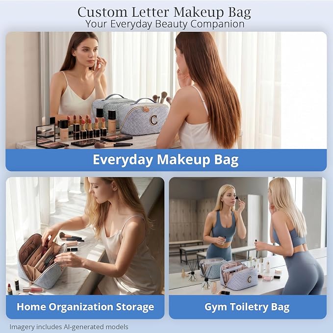 Personalized Gift Travel Makeup Bag: Initial Makeup Organizer Bag for Women | 3-in-1 Custom Make up Bag Set - Vegan Leather Travel Cosmetic Bag - Luxury Gift for Women – Birthday, Anniversary, Graduation - Image 9