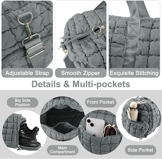 Quilted Travel Duffle Bag Gym Bag for Women,Large Puffer Duffle Weekender Bag with Compartment,Workout Overnight Carry on Organizer Bag Duffle Bag for Airplane Travel(L-Grey) - Image 3