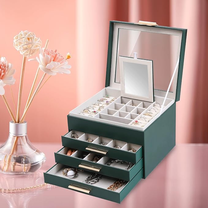 BOOVO Clear Lid Jewelry Box,3 Layers Jewelry Organizer Large Jewelry Storage Box with 2 Drawers,Jewelry Holder Organzier of Rings Earrings Necklace Bracelets for Women (Dark Green, 4 Layer) - Image 7