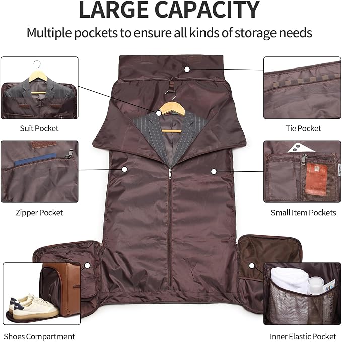 seyfocnia Garment Bag with Shoe Pouch Carry On Convertible Travel Duffel Bag for Men Women, 2 in 1 Hanging Suitcase Suit Business Travel Bag, Brown - Image 3