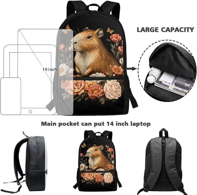 Capybara Flowers 3 Pieces Kids Backpack Set Children Bookbag with Lunch Bag and Pencil Case School Bags for Elementary Middle High School Student - Image 2