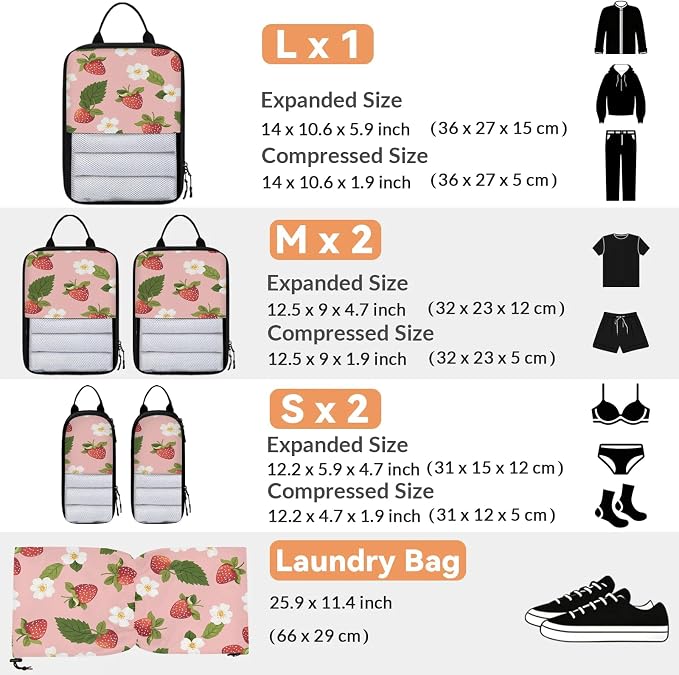 Floral Strawberry 6 Set Compression Packing Cubes for Travel Luggage Carry On Suitcase Compressible Expandable Packing Cubes Organizers Bag - Image 2