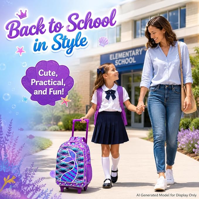 AGSDON 3PCS Rolling Backpack for Girls Boys, Kids Roller Wheels Bookbag, Wheeled School Bag with Lunch Bag - Image 6